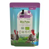 Catz Finefood Bio turkey, monoprotein, high premium, grain-free, no animal testing, made in Germany, organic certified, 94% meat content, no added sugar.