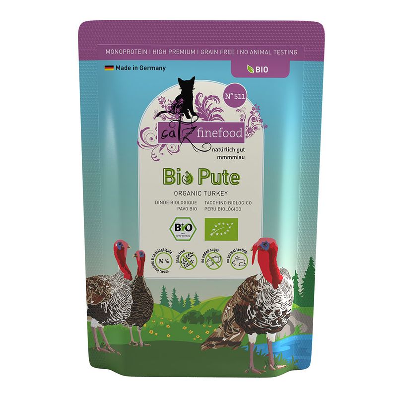 Catz Finefood Bio turkey, monoprotein, high premium, grain-free, no animal testing, made in Germany, organic certified, 94% meat content, no added sugar.