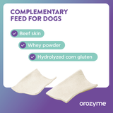 Complementary feed for dogs with beef hide, whey powder and hydrolysed maize gluten. Brand: orozymes.