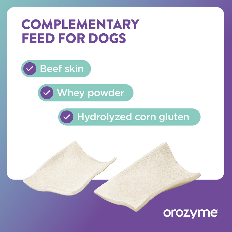 Complementary feed for dogs with beef hide, whey powder and hydrolysed maize gluten. Brand: orozymes.