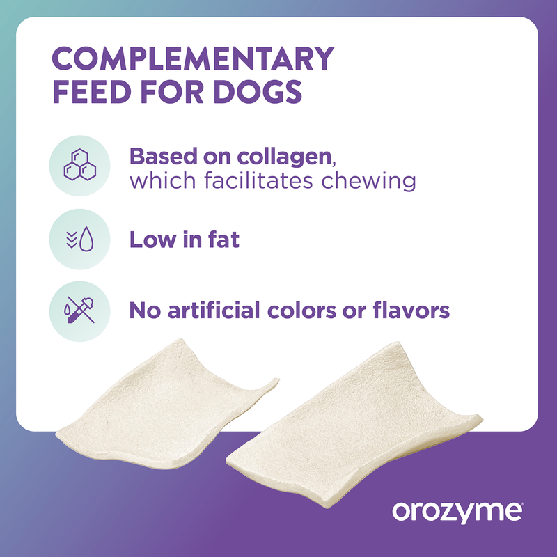 Complementary food for dogs, collagen-based to support chewing, low-fat, free from artificial colourings or flavourings. Brand: orozyme.