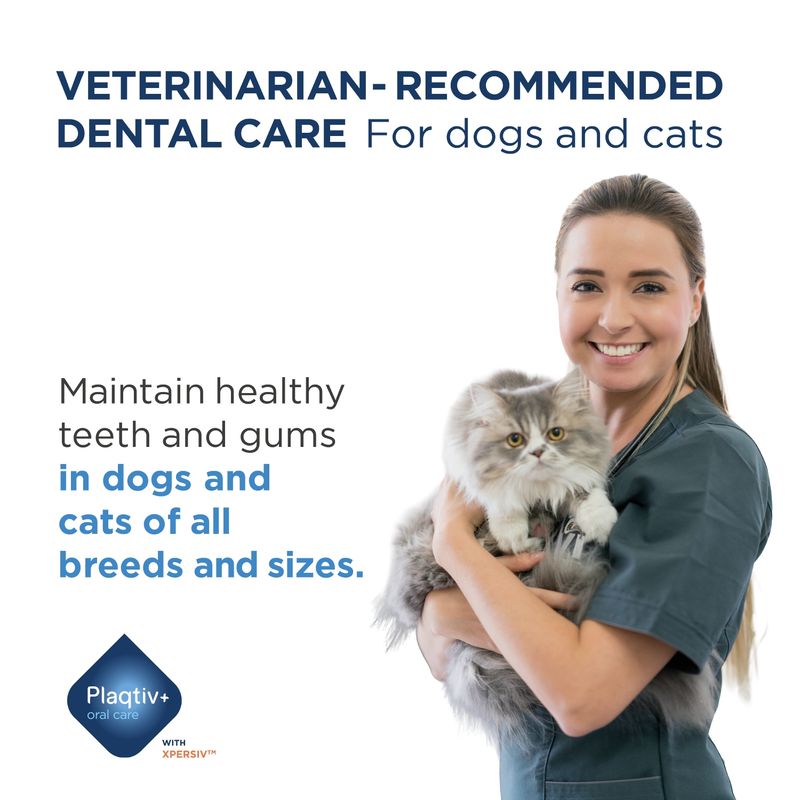 Veterinarian-recommended dental care for dogs and cats. Maintains healthy teeth and gums in dogs and cats of all breeds and sizes. Plaqtiv+ oral care with XPERSIV.