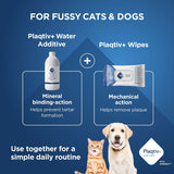 Plaqtiv+ Water Additive with mineral binding action to prevent tartar, and Plaqtiv+ Wipes with mechanical action to remove dental plaque. For an easy daily routine.