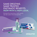 Orozyme Dental Care Gel with new packaging design, both packs can be used during the transition period. Shown: gel tubes, toothbrush and finger attachments.