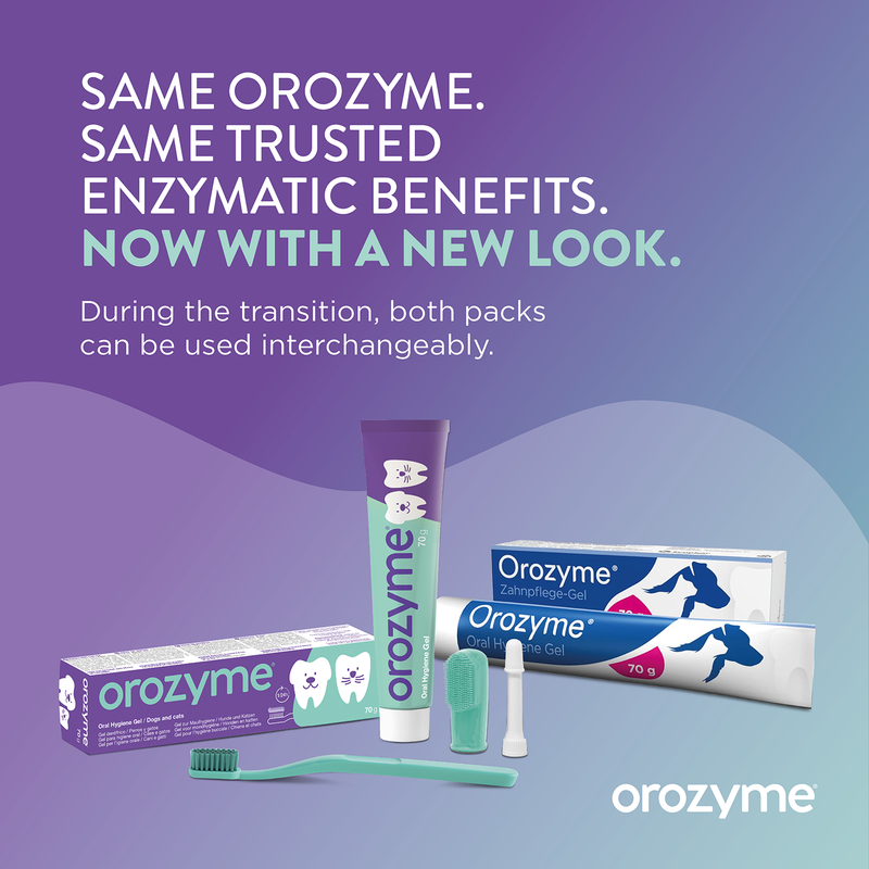 Orozyme Dental Care Gel with new packaging design, both packs can be used during the transition period. Shown: gel tubes, toothbrush and finger attachments.