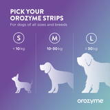 Orozyme Strips: Size S for under 10 kg, M for 10–30 kg, L for over 30 kg. Suitable for dogs of all sizes and breeds.