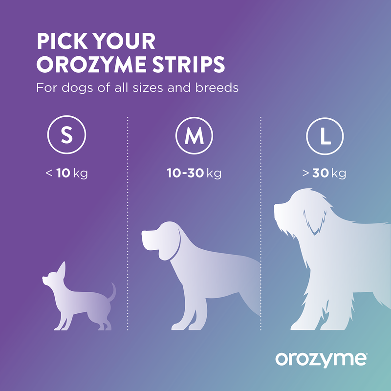 Orozyme Strips: Size S for under 10 kg, M for 10–30 kg, L for over 30 kg. Suitable for dogs of all sizes and breeds.