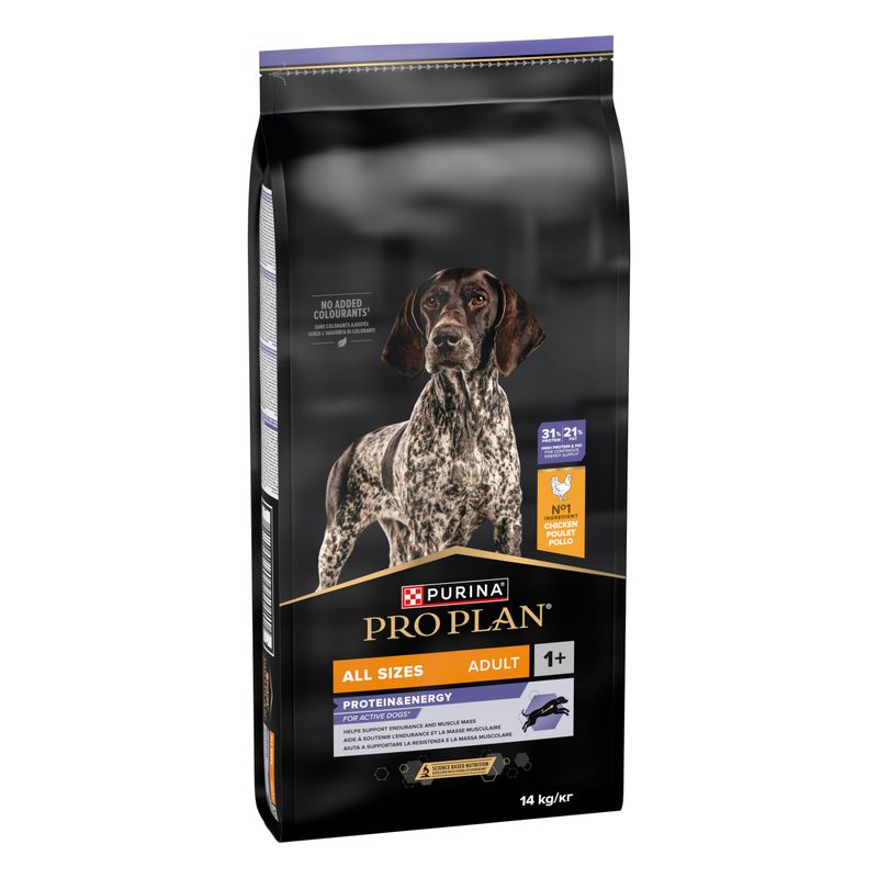 PURINA PRO PLAN All Sizes Adult Protein & Energy with Chicken, 14 kg, for active dogs from 1 year, free from colourants, supports endurance and muscle mass.