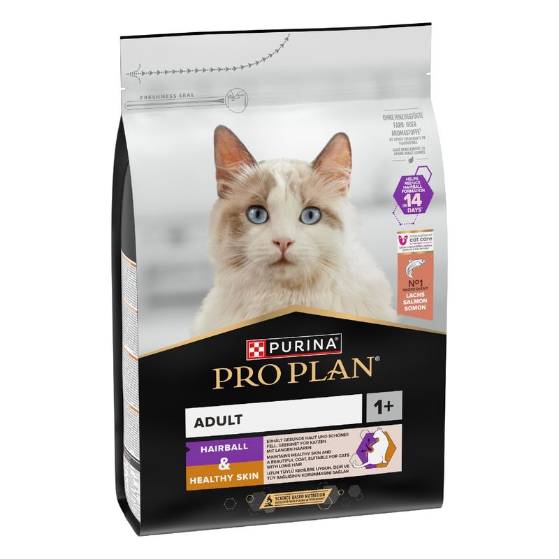 PURINA PRO PLAN Adult 1+ Hairball & Healthy Skin, main ingredient salmon, helps reduce hairball formation within 14 days, suitable for cats with healthy coats.