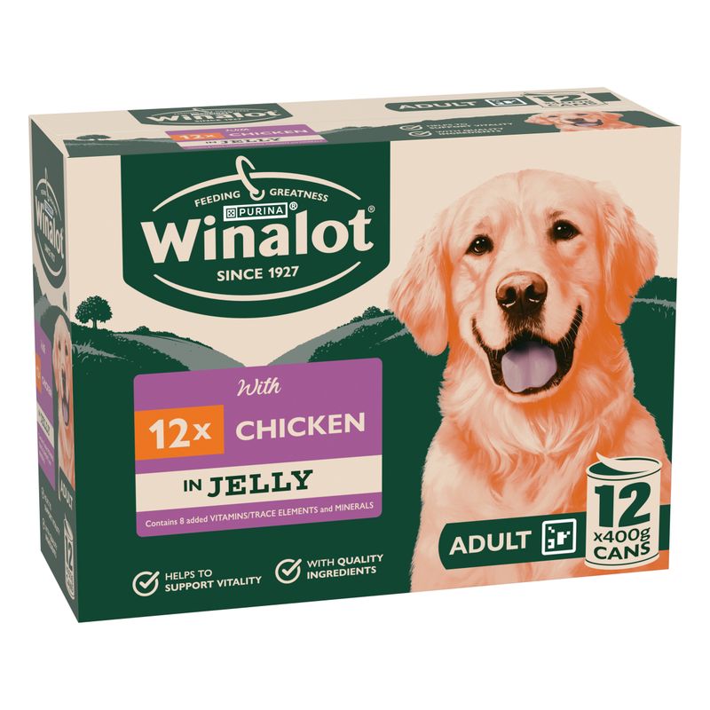Winalot Purina since 1927, 12x Chicken in Jelly, contains 8 added vitamins/trace elements and minerals, 12 cans, each 400g, adult, supports vitality, high-quality ingredients.