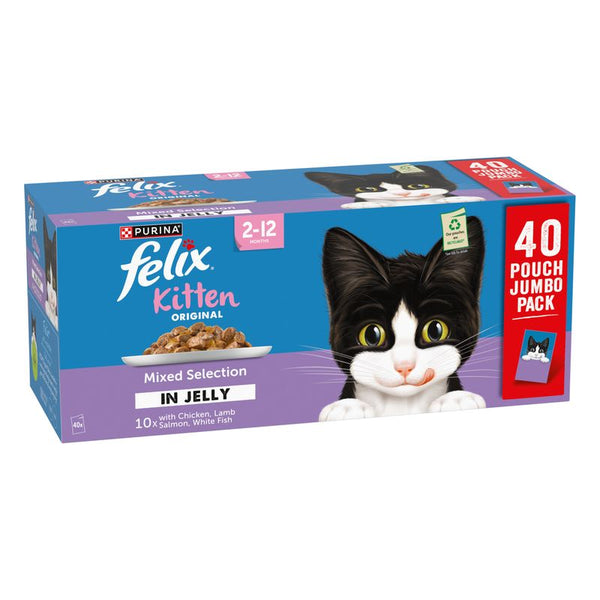 Purina Felix Kitten Original Mixed Selection in Jelly, 40 Pouch Jumbo Pack, for 2–12 months, 10x with chicken, lamb, salmon, whitefish