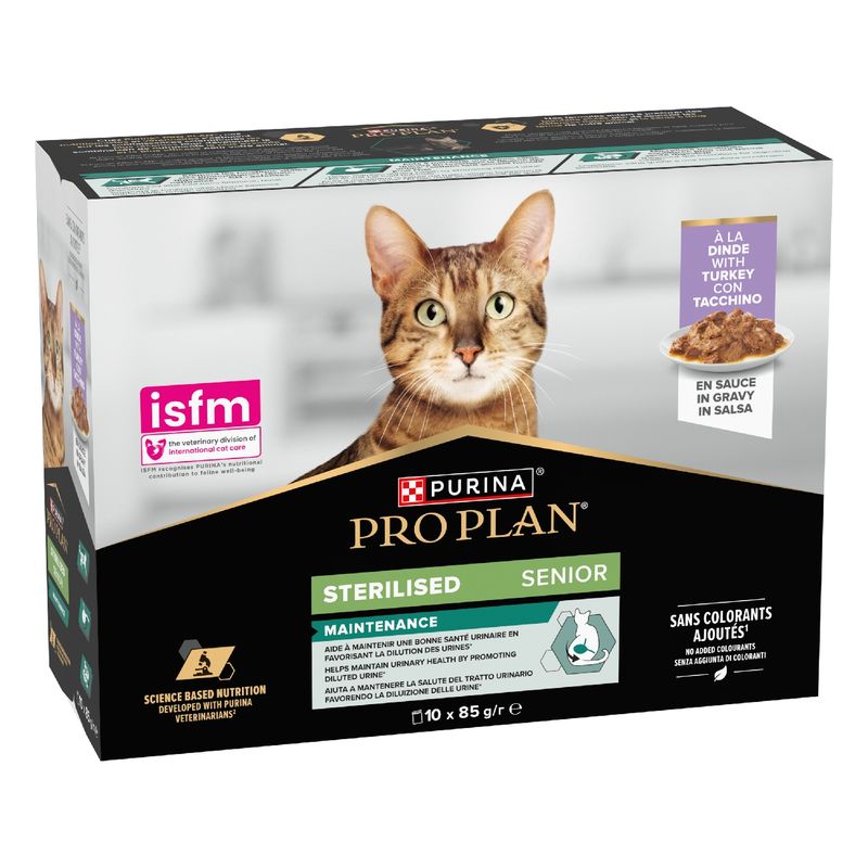 Purina Pro Plan Sterilised Senior Cat Food with Turkey in Gravy, 10 x 85g. Supports urinary tract health. No colourants. Recommended by ISFM.