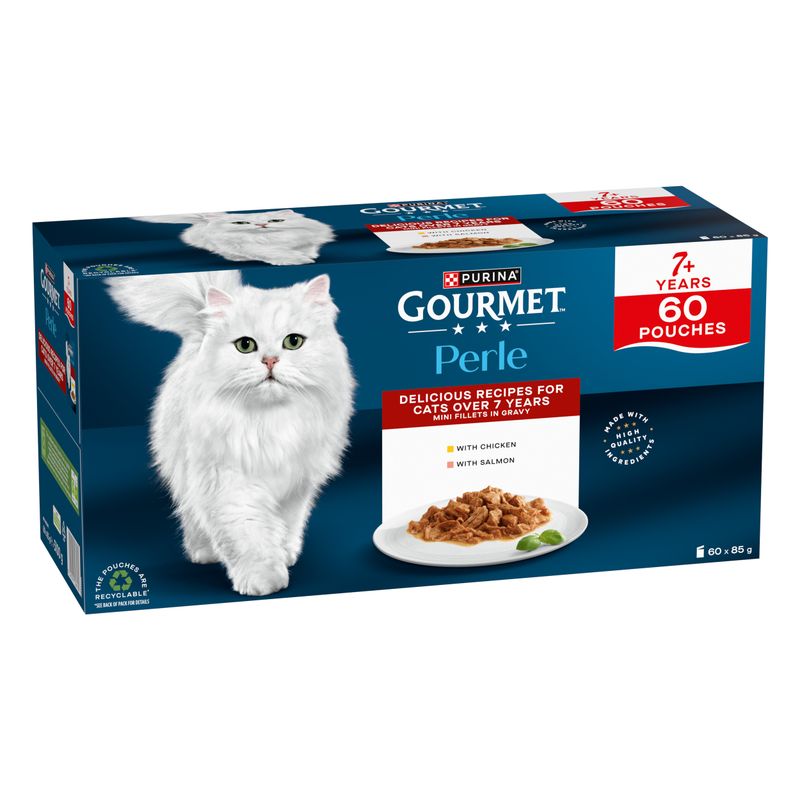 Purina Gourmet Perle, 60 pouches, for cats over 7 years, mini fillets in sauce with chicken and salmon, made from high-quality ingredients.