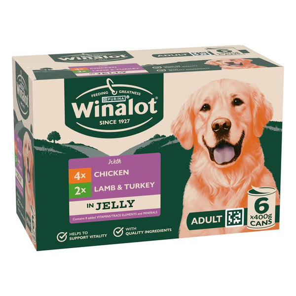 Winalot Adult, 6 x 400g cans: 4x Chicken, 2x Lamb & Turkey in Jelly. Contains 8 added vitamins, trace elements and minerals. Supports vitality, made with high-quality ingredients.
