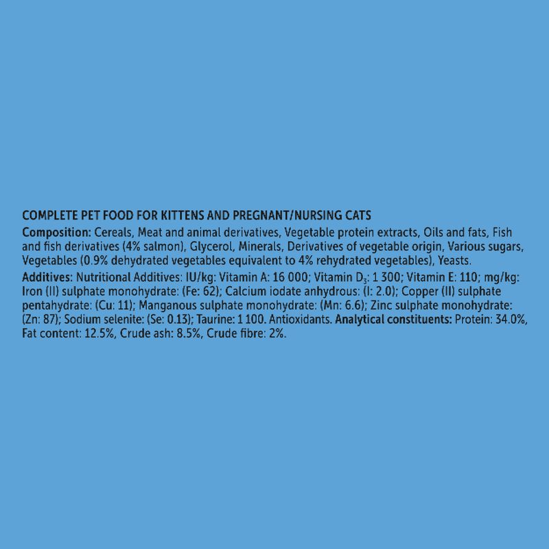 Composition: Cereals, meat and animal by-products, vegetable protein extracts, oils and fats, fish (4% salmon), minerals, vegetables. Analytical constituents: Protein 34%, fat 12.5%.