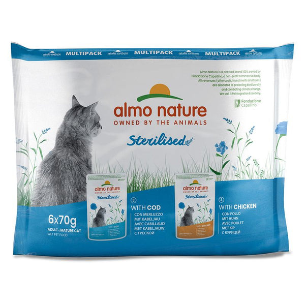 Almo Nature Sterilised multipack, 6x70g wet food for adult sterilised cats. Varieties: cod and chicken. Brand supports biodiversity and climate protection.