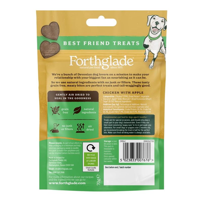 Forthglade Best Friend Treats, chicken with apple flavour. Grain free, natural ingredients, no junk or fillers, air dried. Feeding guide and recycling information shown on packaging.