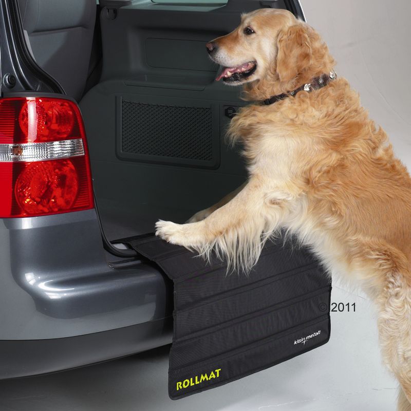 Dog uses black roll mat with yellow 'ROLLMAT' lettering to protect the bumper when getting into a car.