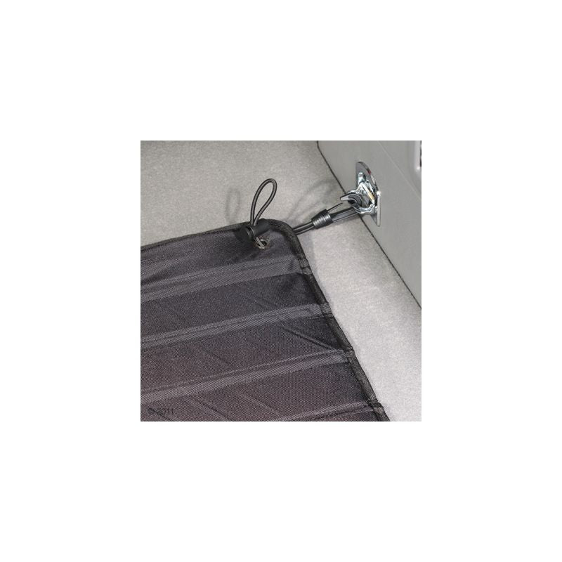 Black protective mat with fastening loop and clip, attached to a metal holder in the vehicle.