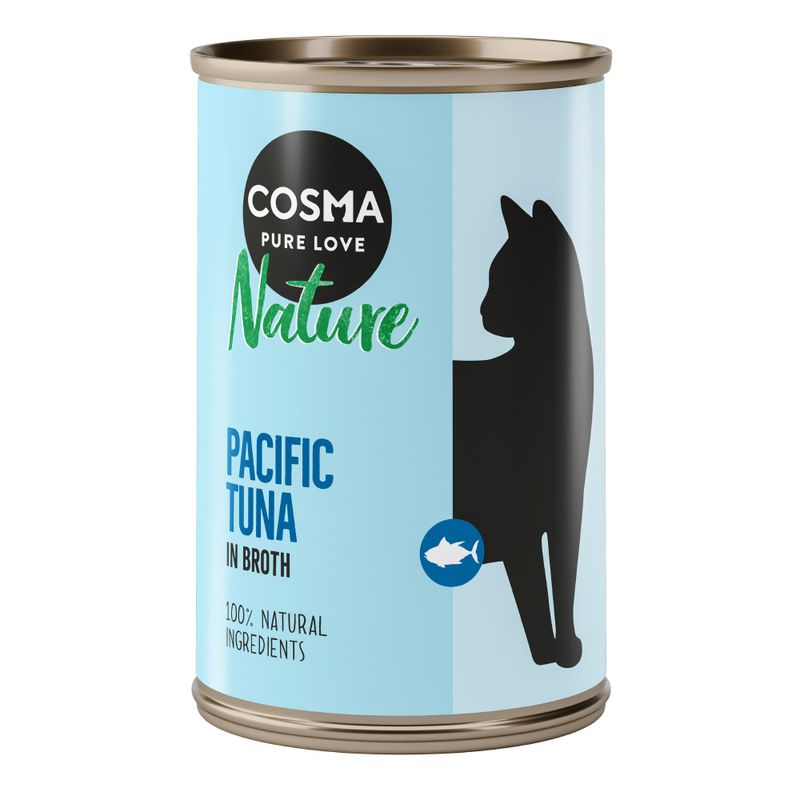 Cosma Nature Pacific Tuna in Broth, 100% natural ingredients. Image of a black cat silhouette and a fish symbol on a light blue can.