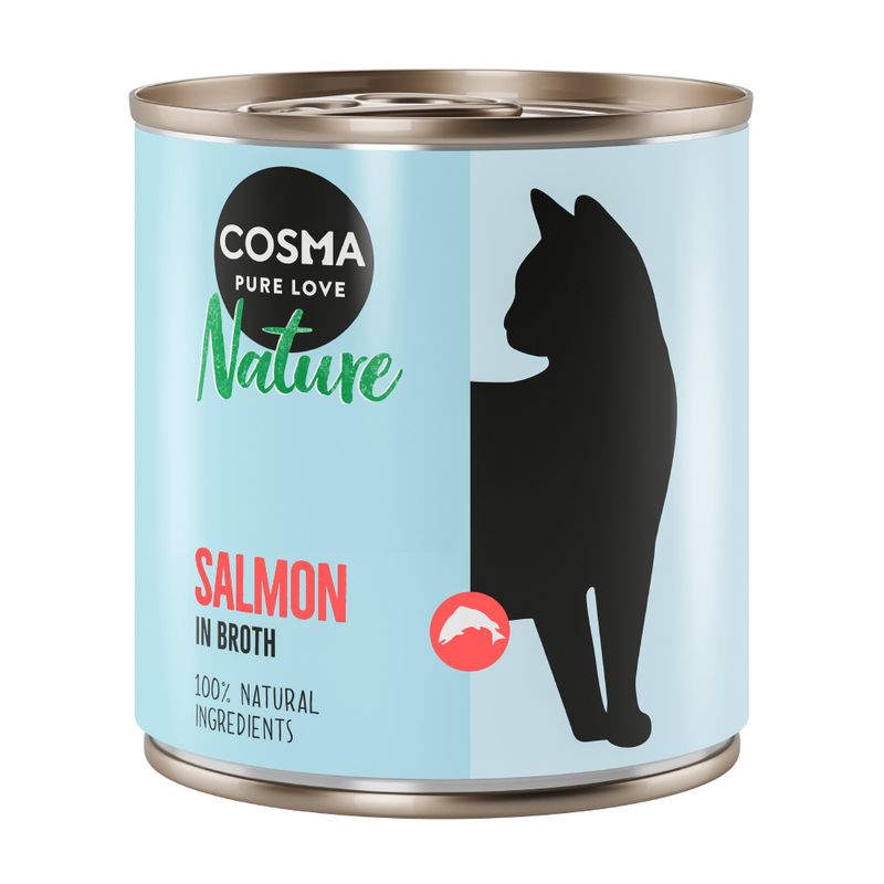 Cosma Nature cat food, salmon in broth variety, 100% natural ingredients. Black cat silhouette on light blue can.