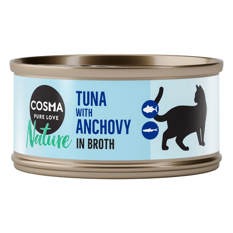Cosma Pure Love Nature, tuna with anchovies in broth. Silhouette of a cat and fish symbols visible on the can.