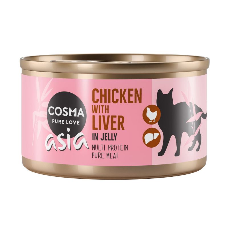Cosma Asia Chicken with Liver in Jelly, Multi Protein Pure Meat. Image of a cat and icons for chicken and liver.