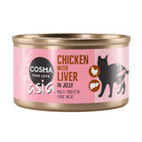 Cosma Asia Chicken with Liver in Jelly, Multi Protein Pure Meat. Image of a cat and icons for chicken and liver.