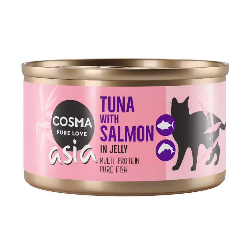 Cosma Asia Pure Love, tuna with salmon in jelly, multi protein, pure fish. Pink can with black cat silhouette.