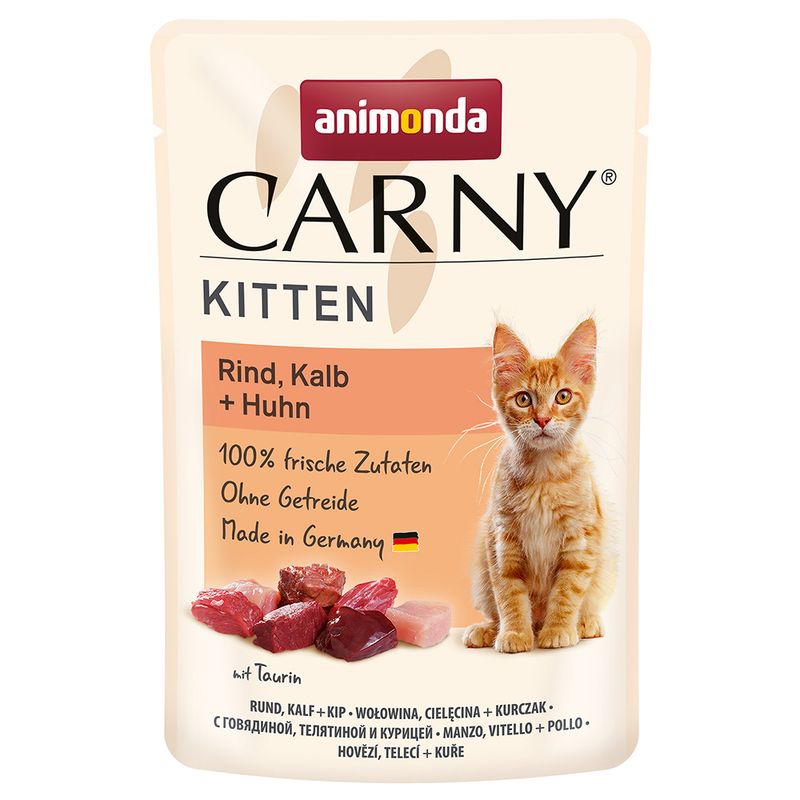 Animonda Carny Kitten. Beef, veal + chicken. 100% fresh ingredients, grain-free, Made in Germany with German flag. With taurine.