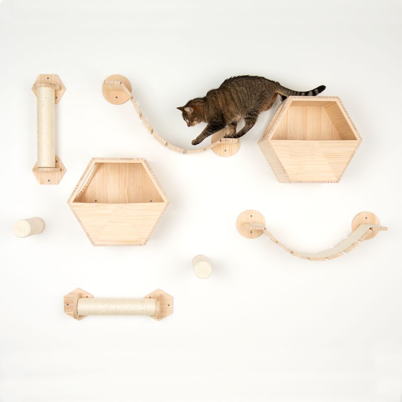Wall-mounted climbing and play set made of wood with hanging bridges, scratching posts and hexagonal shelves. Cat demonstrating use of the set.