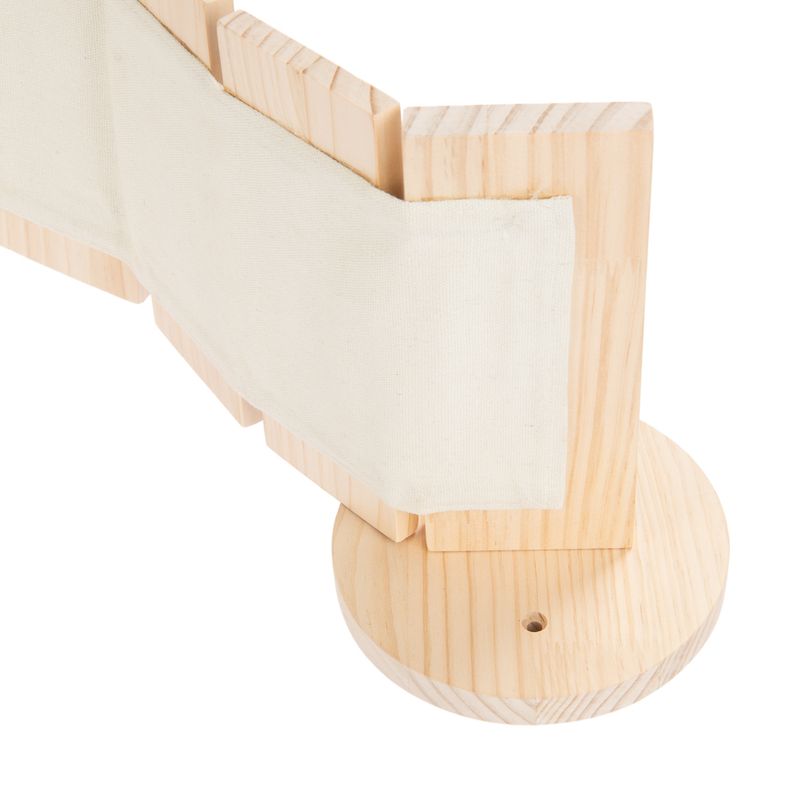 Wooden frame with beige fabric insert, round base and drilled hole for mounting.