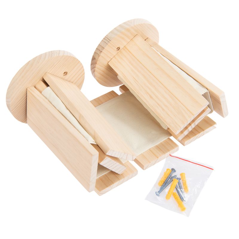 Two wooden holders with fabric insert and included mounting materials, including screws and wall plugs.