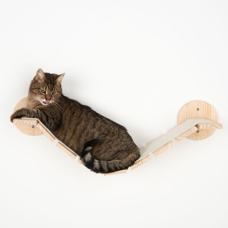 Brown tabby cat lying on a wall-mounted hammock made of wood with fabric cover, attached to two round wall brackets.