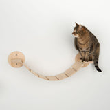 Wooden cat bridge with wall mounting, brown cat sitting on it. Bridge made of light wood with several steps.
