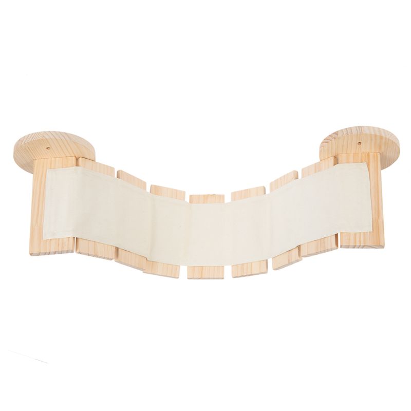 Hammock made of wood and fabric with two round fixtures, suitable for wall mounting.