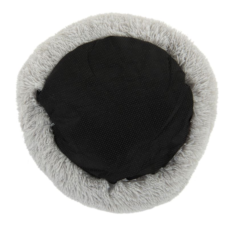 Round pet bed with grey plush edge and black non-slip base.