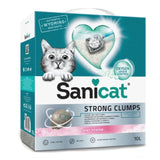 Sanicat Strong Clumps cat litter with baby powder scent, 10L. Features: long-lasting, dust-free, extra odour control. Contains Wyoming bentonite for strong clumping.