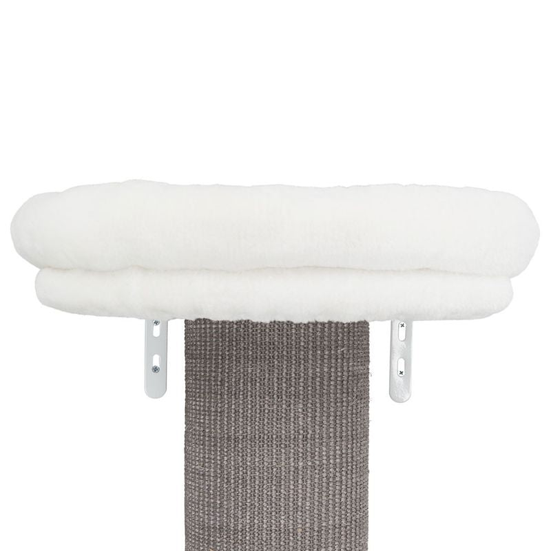 Cat tree accessory: white padded lying surface with metal brackets, attached to a grey sisal post.
