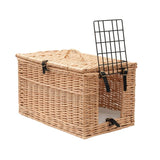 Carrier basket made of woven wood with black grid closure and carrying handle. Front opening, inner cushion visible.