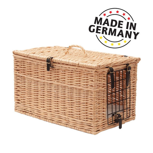 Wicker wood transport basket with metal grid door and locks. Text: Made in Germany.