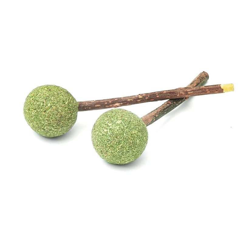 Two green balls made of pressed grass, attached to natural wooden sticks.