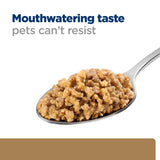 Spoonful of moist pet food with the text 'Mouthwatering taste pets can’t resist' shown above.