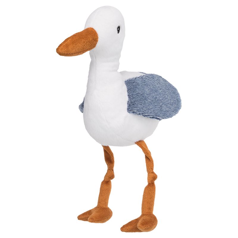Plush toy in the shape of a seagull with a white body, orange beak and legs, and blue wings.