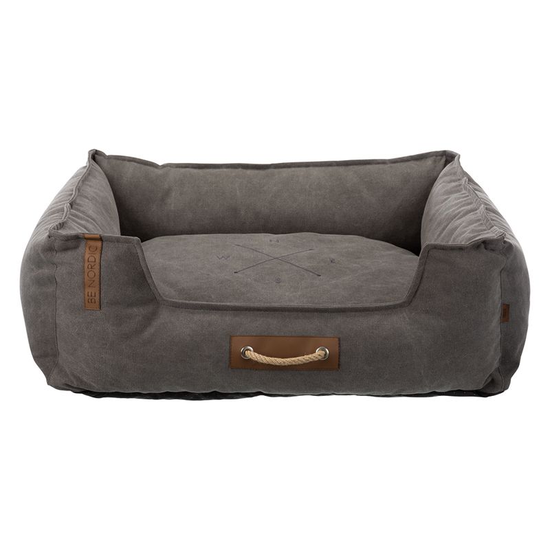 Be Nordic dog bed in dark grey with rope handle and embroidered compass design on the lying surface.