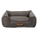Be Nordic dog bed in dark grey with rope handle and embroidered compass design on the lying surface.