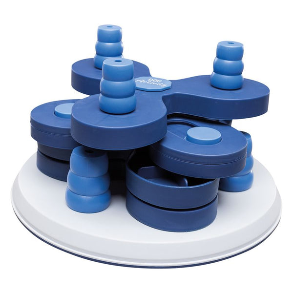 Blue interactive toy with multiple movable elements and stacks, labelled 'Dog Activity'.