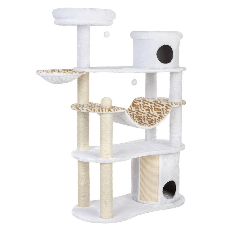 Cat tree with multiple levels, cave, hammock and sisal posts. White design with brown leopard pattern on fabric elements.