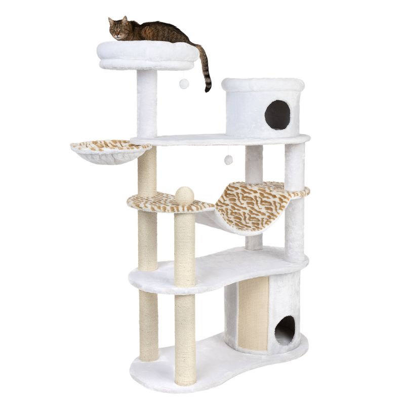 Cat tree with multiple levels, cave, hammock and resting areas. White design with beige patterned elements. Cat lying on top platform.