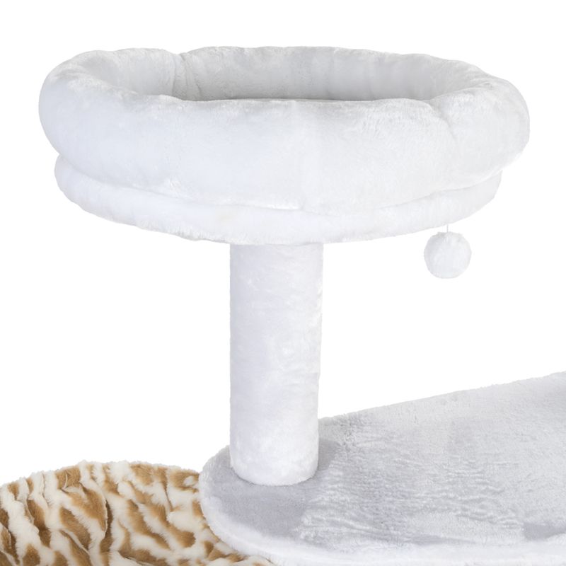 Cat tree with white plush cover, round lying surface and play ball on a string.